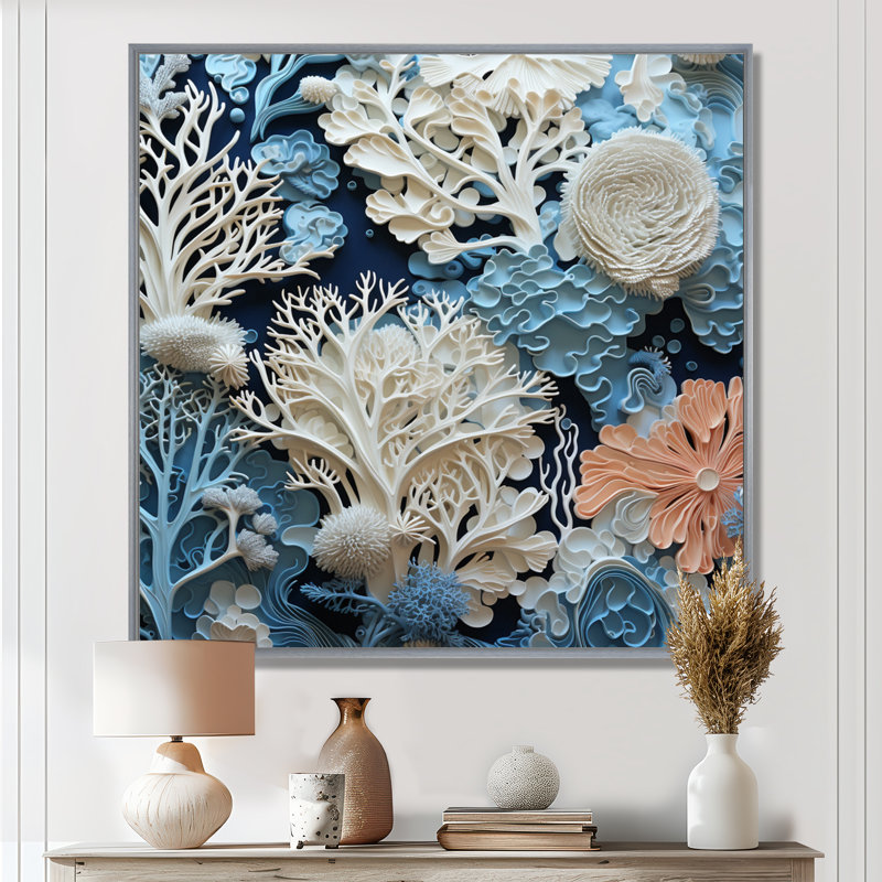 Under Water Blue and White Corals Collage I - Coastal, reproduction sur toile encadrée, H 24 po x l 24 po x P 1 po