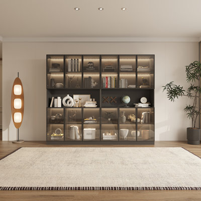 94.5 '' W Combination Bookcase With Glass Doors，display Cabin With Led Lights