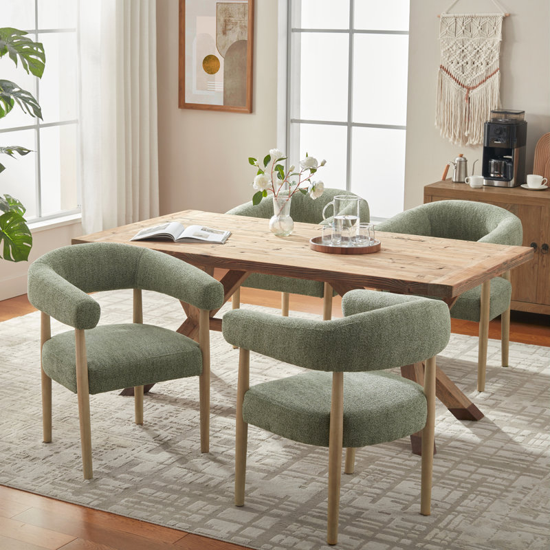 Upholstered Side Dining Armchair With Solid Wood Legs, Green