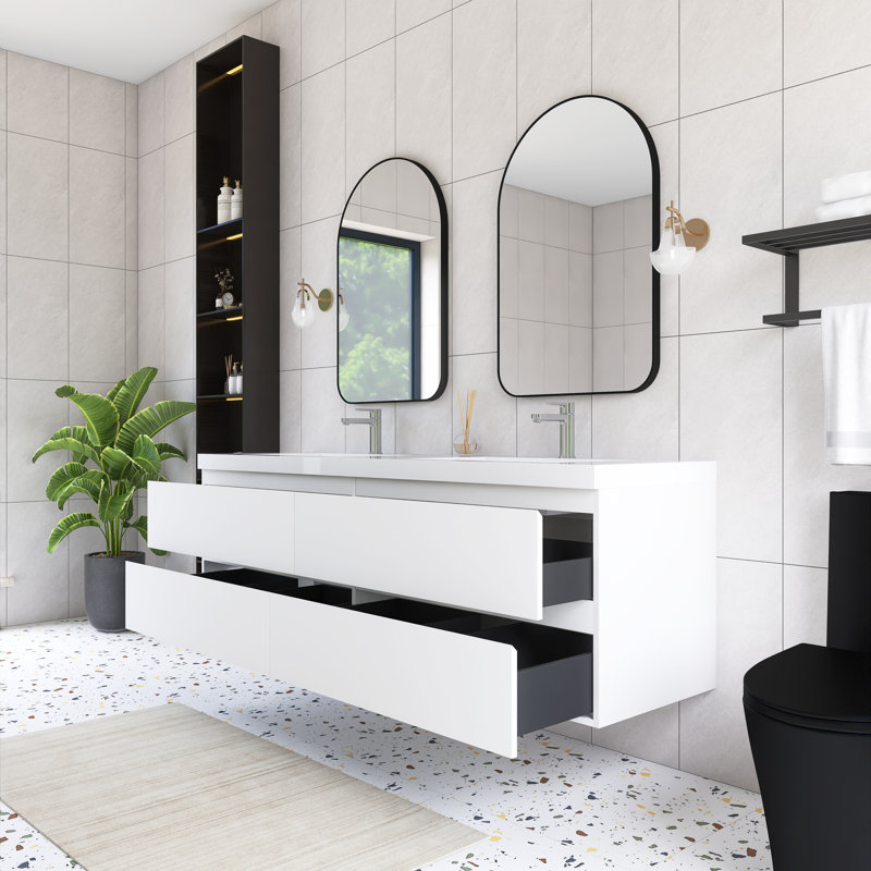 Meuble-lavabo simple mural 72 po avec plateau en résine intégré 72 po, Blanc