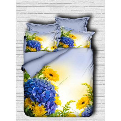 Luxurious Double Quilt Cover Set, 2 Pillowcases, Blue & Yellow & Green | 100% Polyester Microsatin Upper & 100% Cotton Underside | Duvet Cover 78.7 x 86.6 in, Flat Sheet 86.6 x 94.5 in, Zipper Closure | Machine Washable, High-Quality 3D Print