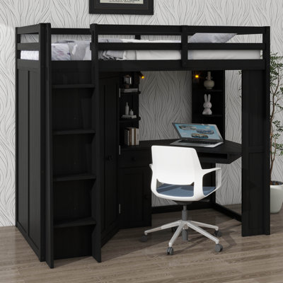Twin Size Loft Bed With Built-In Large Wardrobe And Desk, Multi-Functional Space-Saving High Bed With Sliding Keyboard Tray, Power Outlet And Double Metal Lamps