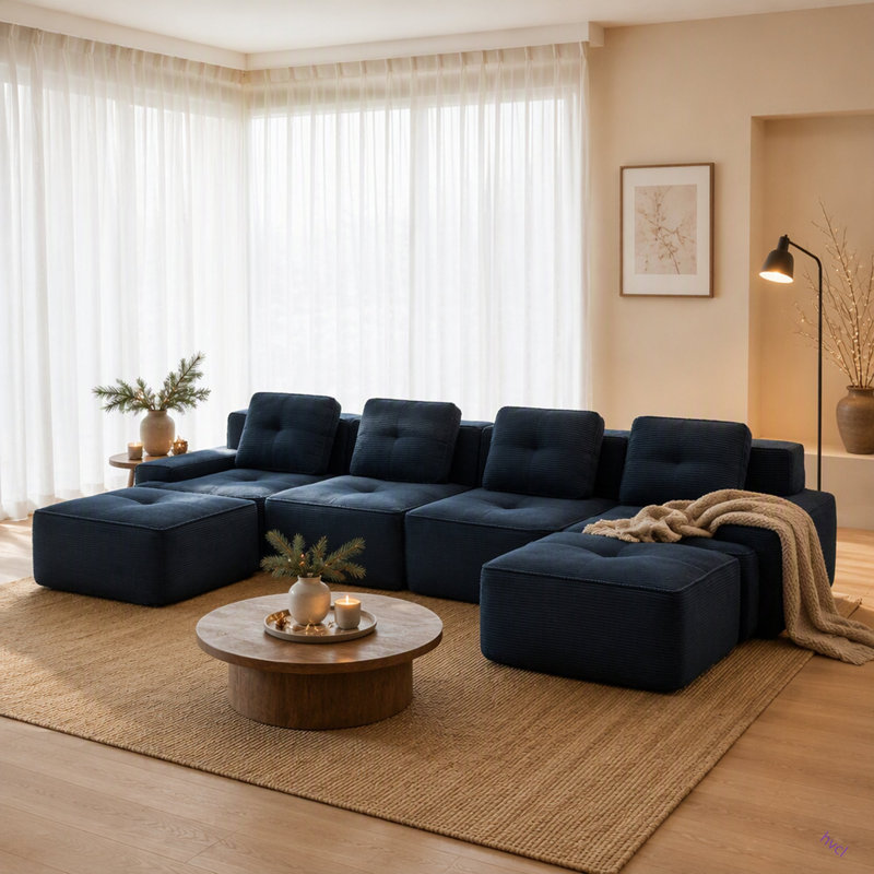 153" Modern U-Shaped Modular Sectional Sofa For Living Room, Corduroy Fabric,4-Seater Couch With Deep Seat And 2-Movable Ottoman,Pearl-Like Piping, Tufted Design, No Assembly, Anti-Slip Design​