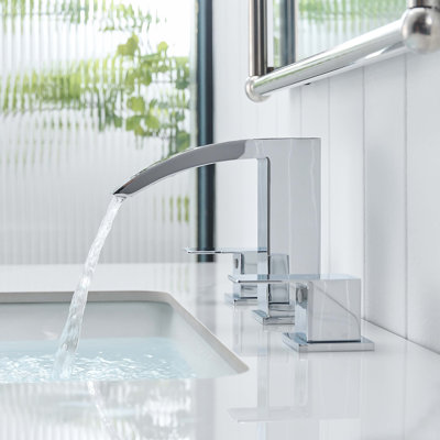 Bathroom Stainless Steel Faucets For Sink 3 Hole Chrome 8 Inch Widespread Bathroom Sink Faucet Double Lever Handle Faucet Bathroom Vanity Faucet Basin Mixer Tap Faucet With Hose