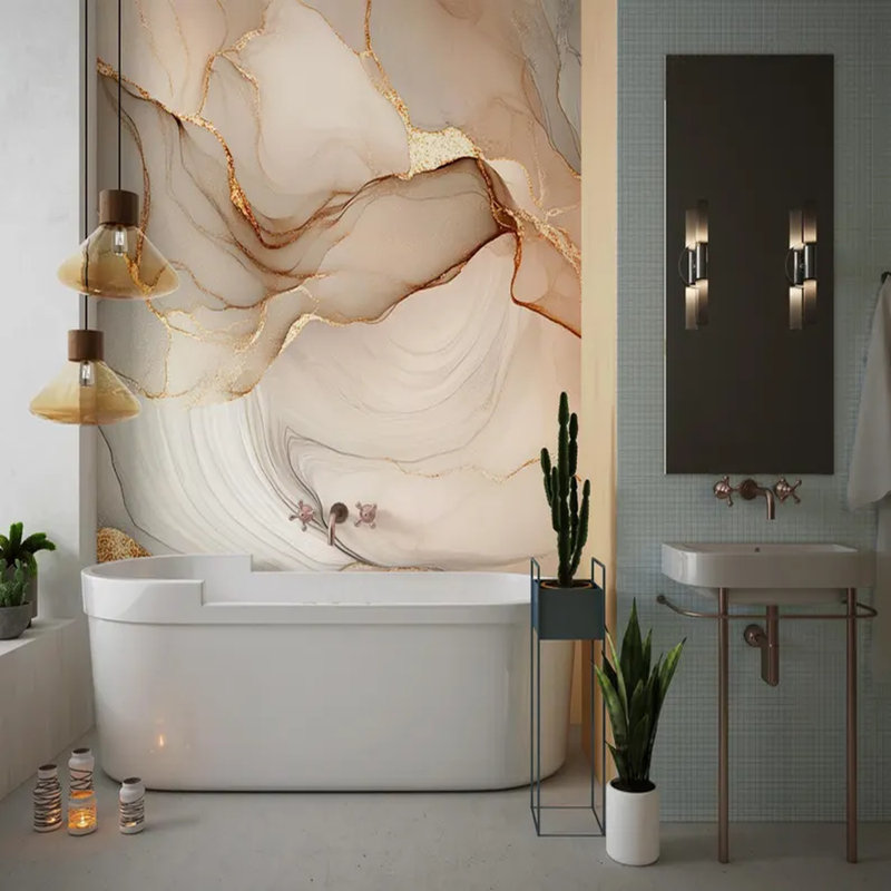 Golden Beige Flow Abstract Marble Wallpaper, 160" L x 108" W