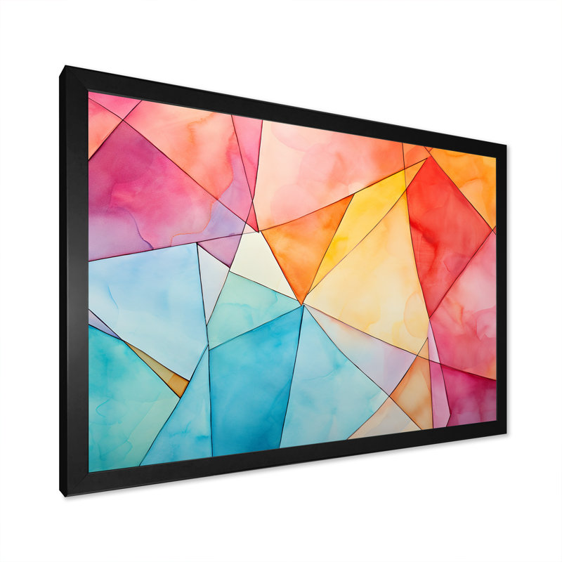 «Pastel Color Geometric Ink Explosion I», art mural géométrique, Cadre d'angle fermé noir, H 24 po x l 32 po x P 1 po