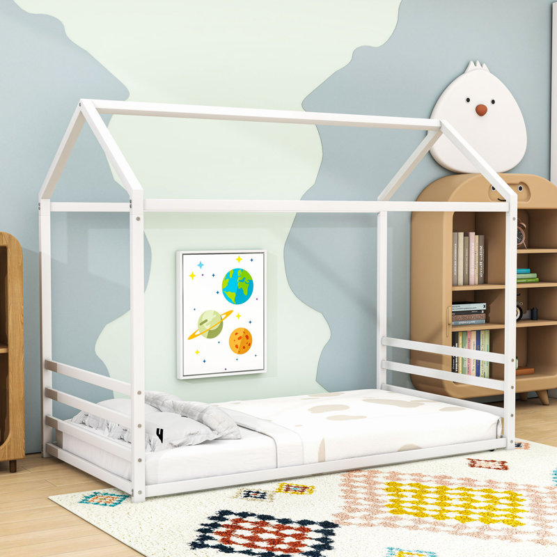 House-Shaped Floor Bed With Guardrails, Twin, White