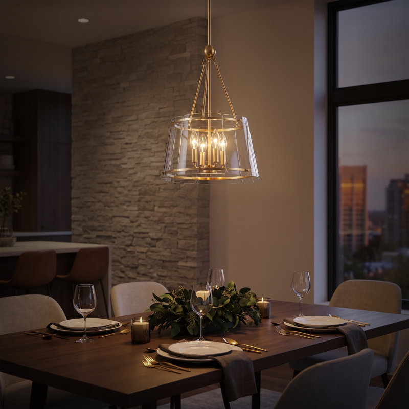 Luminaire suspendu moderne de luxe 4 lumières avec abat-jour en verre tapara, Transparent, Brushed gold