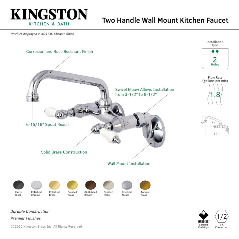 Kingston Brass Kingston Double-Handle 2-Hole Wall-Mount Bridge Kitchen Faucet, Satin Brass