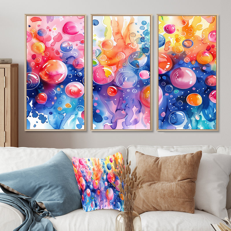 Ensemble de salon art mural aquariums roses et bleus II, Toile naturelle avec cadre flottant, H 32 po x l 48 po x P 1 po