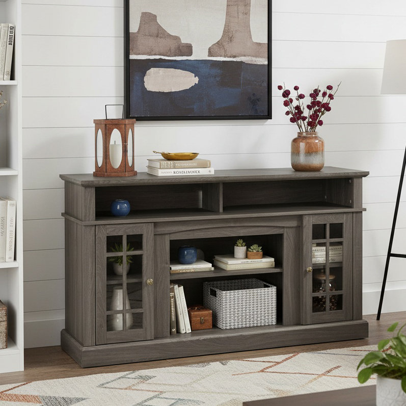 Meuble télé 65 po, meuble télé classique avec rangement ouvert et fermé, Noyer foncé