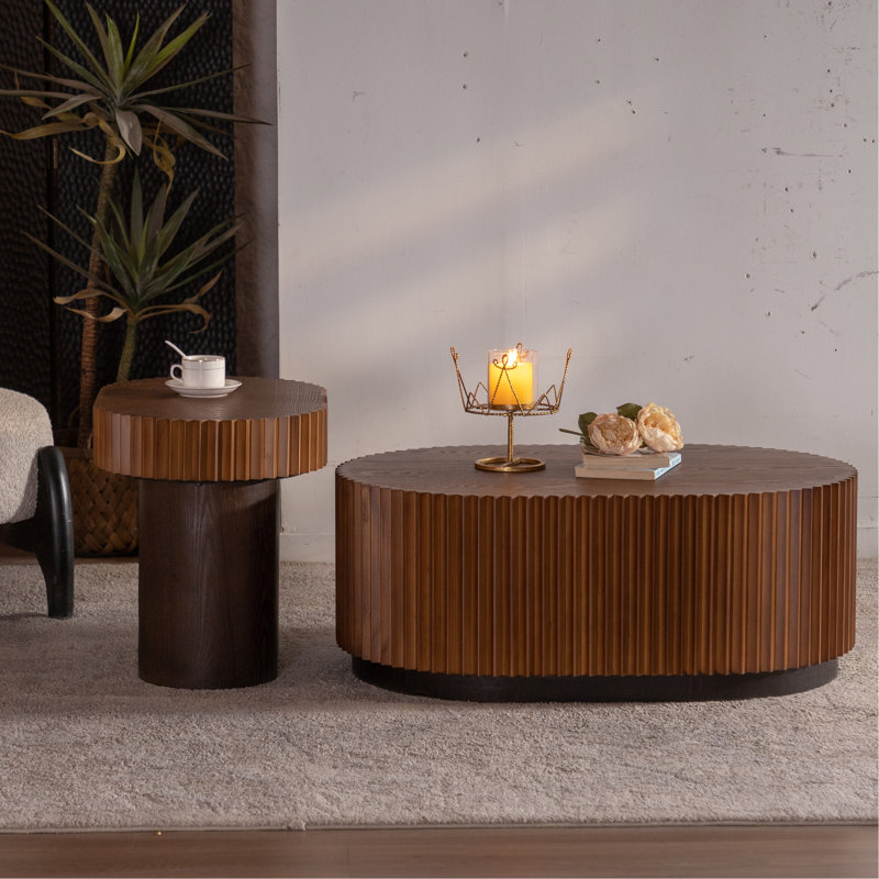 Table basse gigogne ronde de 2 avec relief ondulé élégant, idéale pour le salon comme table d'appoint ou de chevet, en bois massif +, assemblage rapide à la main - fabriqué à la main moderne 2, fait à la main multifonctionnel