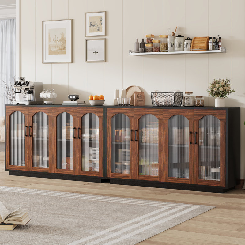 Buffet 55,1 "avec rangement, armoire de cuisine moderne avec 4 portes en verre cannelé, table basse en bois, Brun