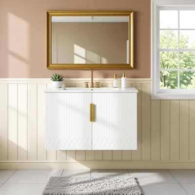 Meuble-lavabo vintage 30 po avec lavabo en céramique, lavabo simple en céramique à 3 trous, 2 portes à fermeture douce 