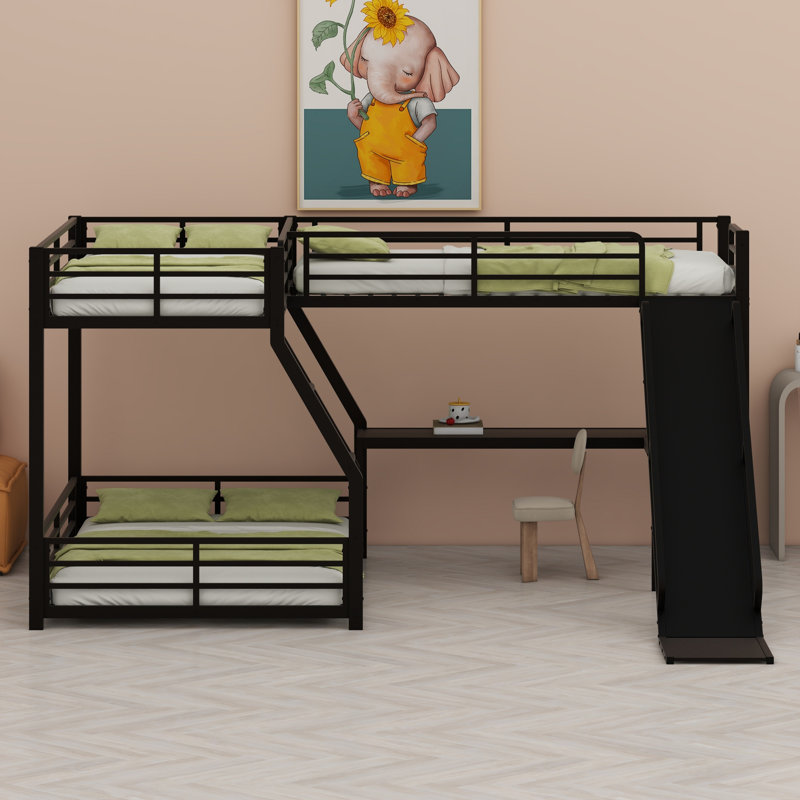 L-Shaped Bunk Bed With Loft Bed, Metal Triple Bunk Bed With Slide And USB Ports, Twin Over Full