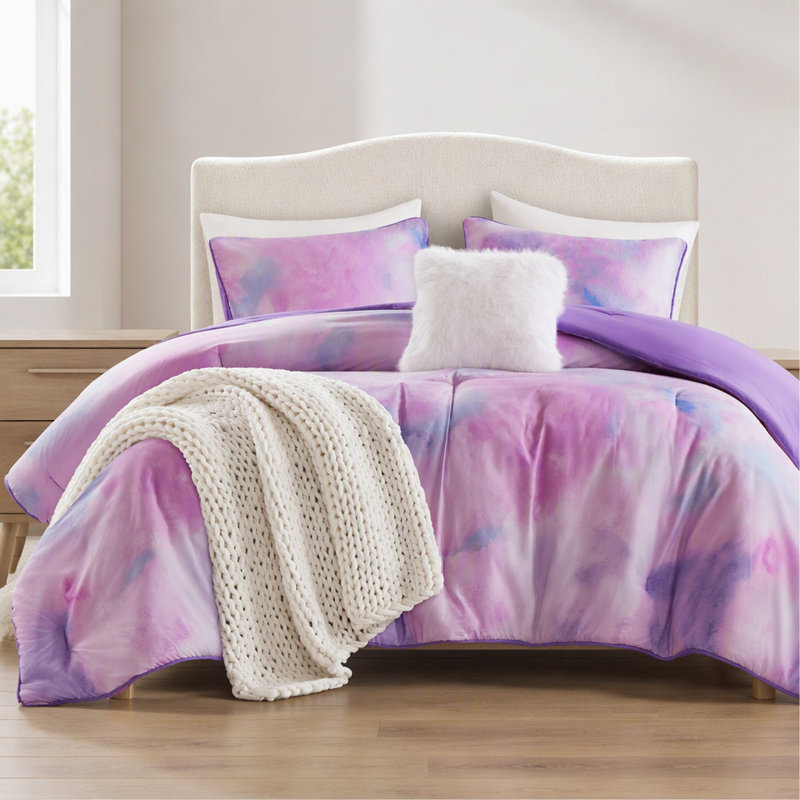 4 Pieces King/Cal King Watercolor Tie Dye Printed Comforter Set with Throw Pillow,Purple, Purple Abstract