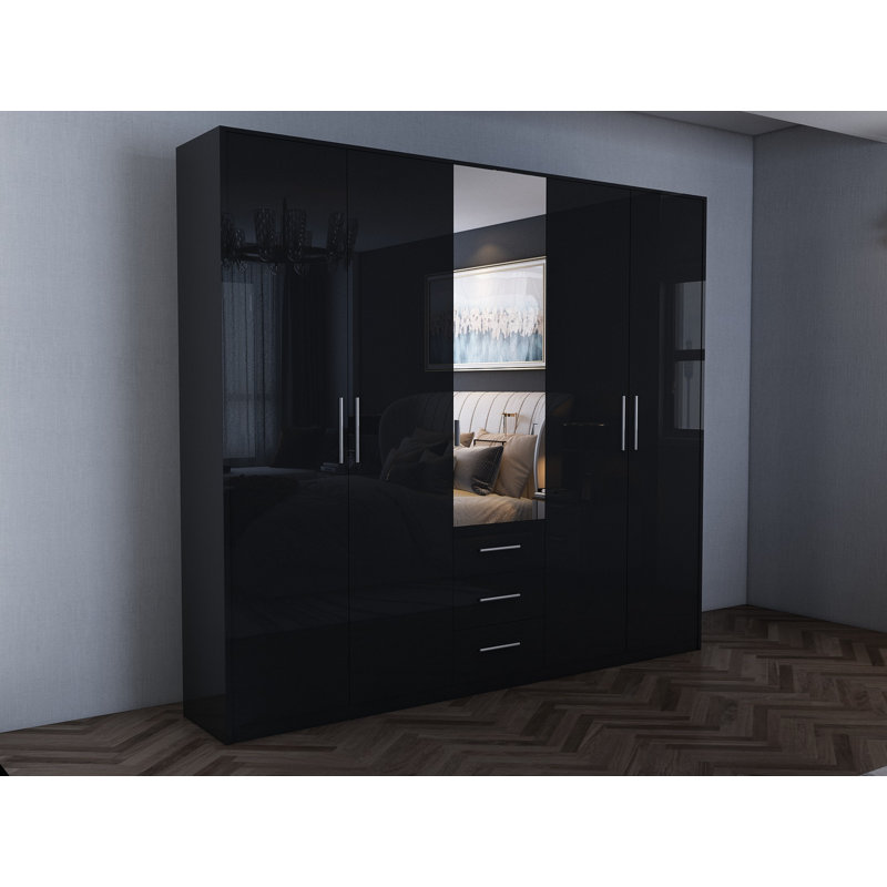 Pamel 5 Door Manufactured Wood Wardrobe, Gloss Black