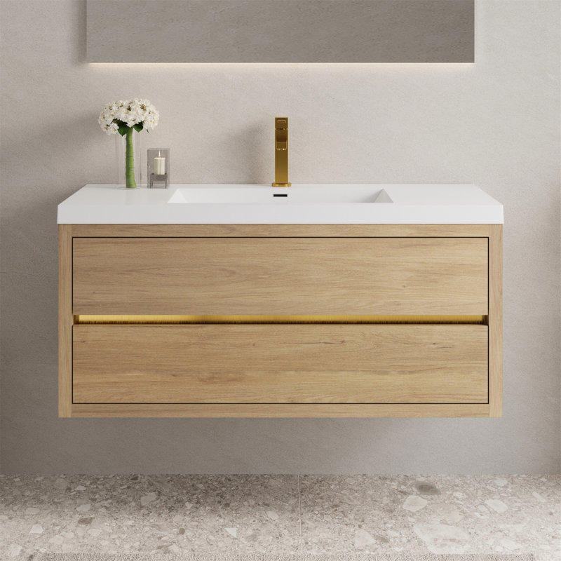 Meuble-lavabo mural avec lavabo, Bois de chêne naturel, 47"