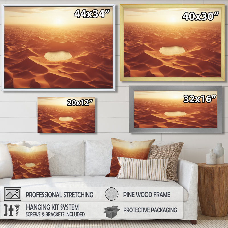 Vue du désert du Sahara sur la planète Mars - désert, art mural, Cadre simple, H 12 po x l 20 po, Doré