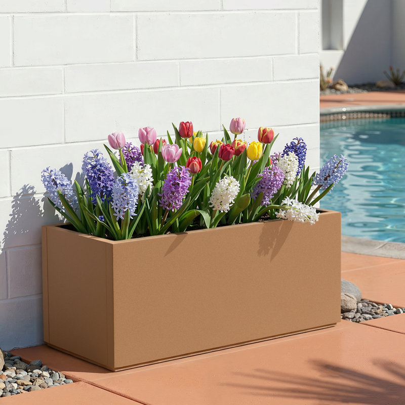 Rectangular Planter-Metal Planter Box With Drainage Holes for Indoor and Outdoor Use, 16.3" H x 38" W x 15" D, Brown