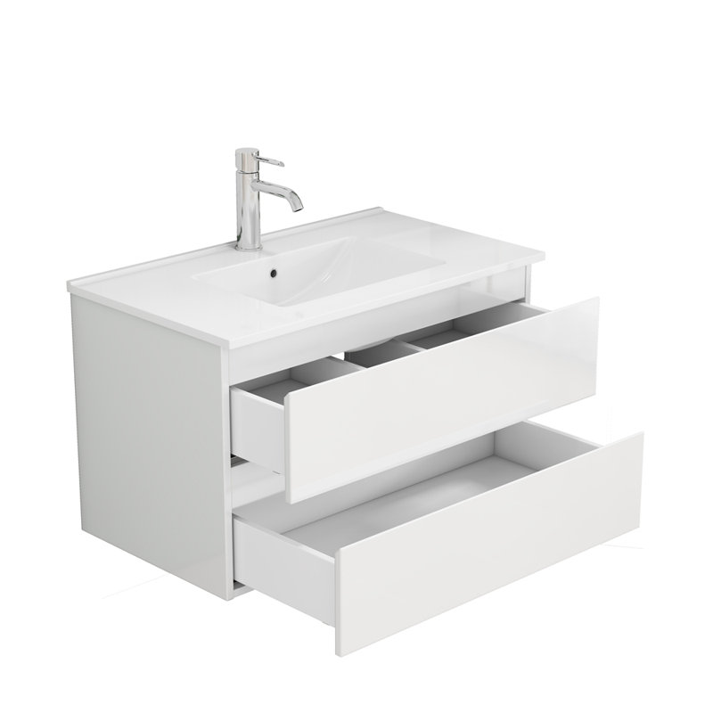 Ensemble de meuble-lavabo avec lavabo 31,5 po, armoire avec 2 grands tiroirs, système de fermeture en douceur, 2 grands tiroirs, conception sans poignée, assemblage facile, blanc brillant