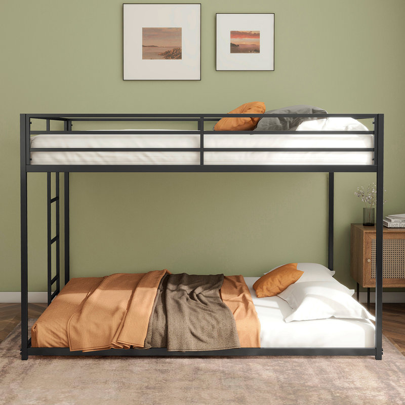 Adam Sturdy Full Over Full Bunk Bed Metal Black For Kids And Adult, Low Profile Full Over Full Bunk Bed With Ladder And Guardrails, Easy Climbing, Beds For Bedroom