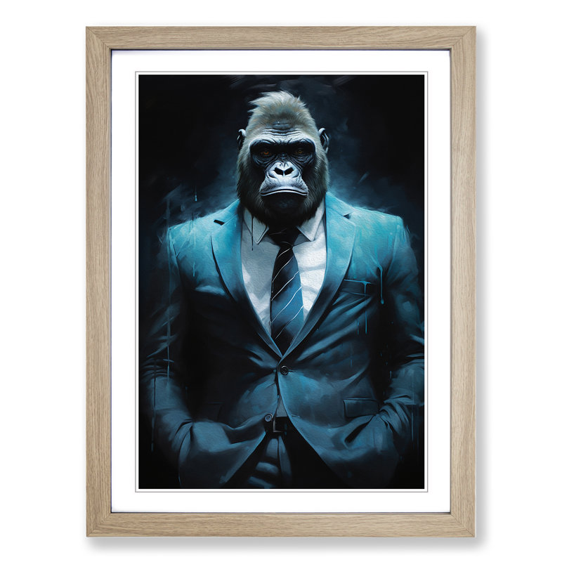 Gorilla In A Suit Painting No.7 - Single Picture Frame Print on Wood, Oak, 64cm H x 46cm W x 2cm D