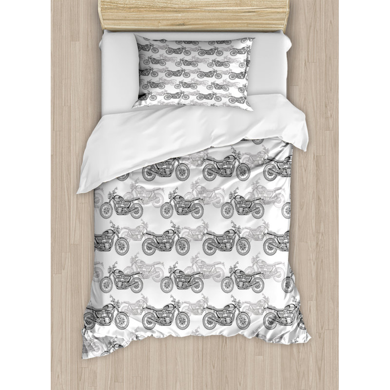 Twin Gray Motorcycle Print Microfiber Duvet Cover Set