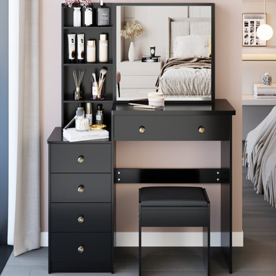Meuble-lavabo de 37 po de taille moyenne avec tabouret rembourré et grand miroir coulissant, rangement multi-couches, style américain, noir pour habillage d'espaces moyens, 24 po x 22 po