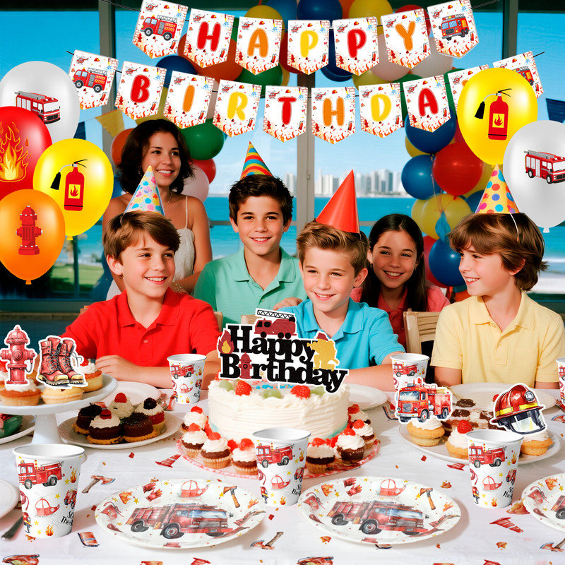 Fire Truck Birthday Party Supplies, 73pcs Firetruck Birthday Decorations & Tableware Set