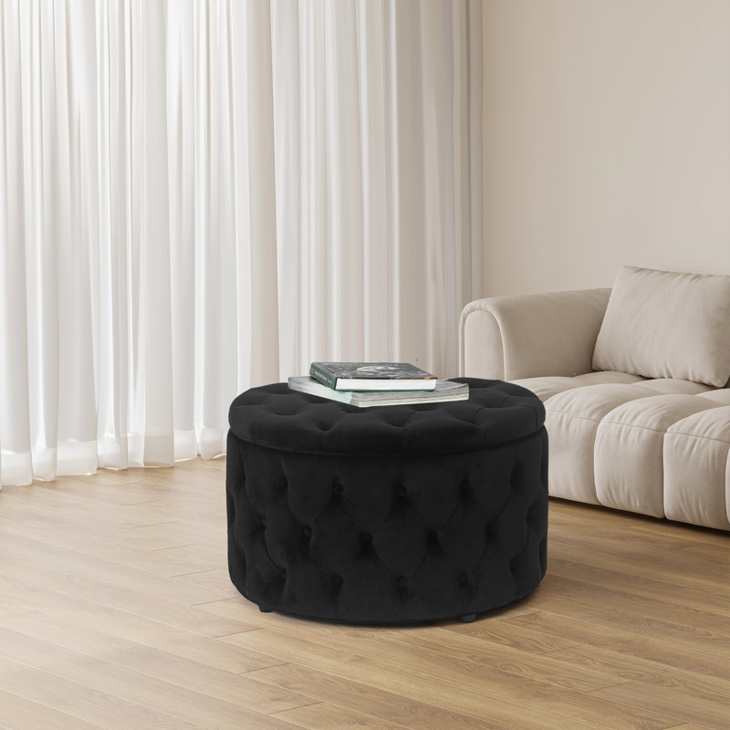 Amram Tufted Round Storage Ottoman, Black Velvet
