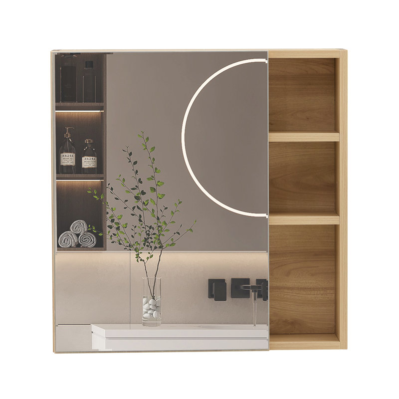 Multi-Function Wood Grain Mirror Cabinet with Storage, Space-Saving Wall-Mounted Design, Brown