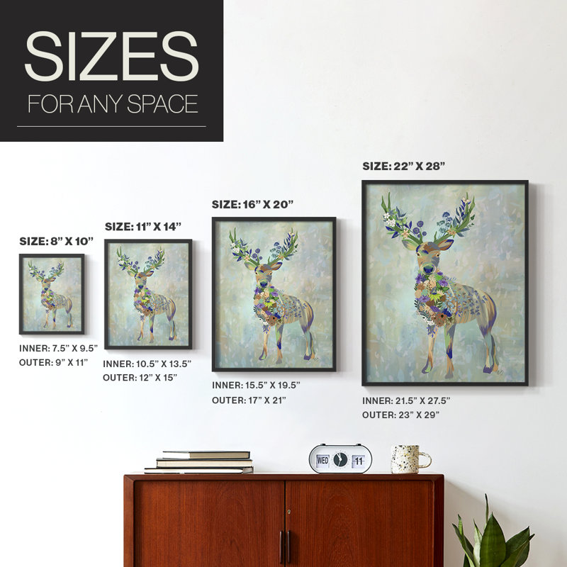 Fantastic Florals Deer, reproduction encadrée complète - bois massif, Noir, H 10 po x l 8 po