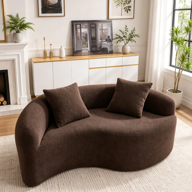 Causeuse à double profondeur courbée en S, canapé modulaire en chenille pour petits espaces, sans assemblage, Chenille brun
