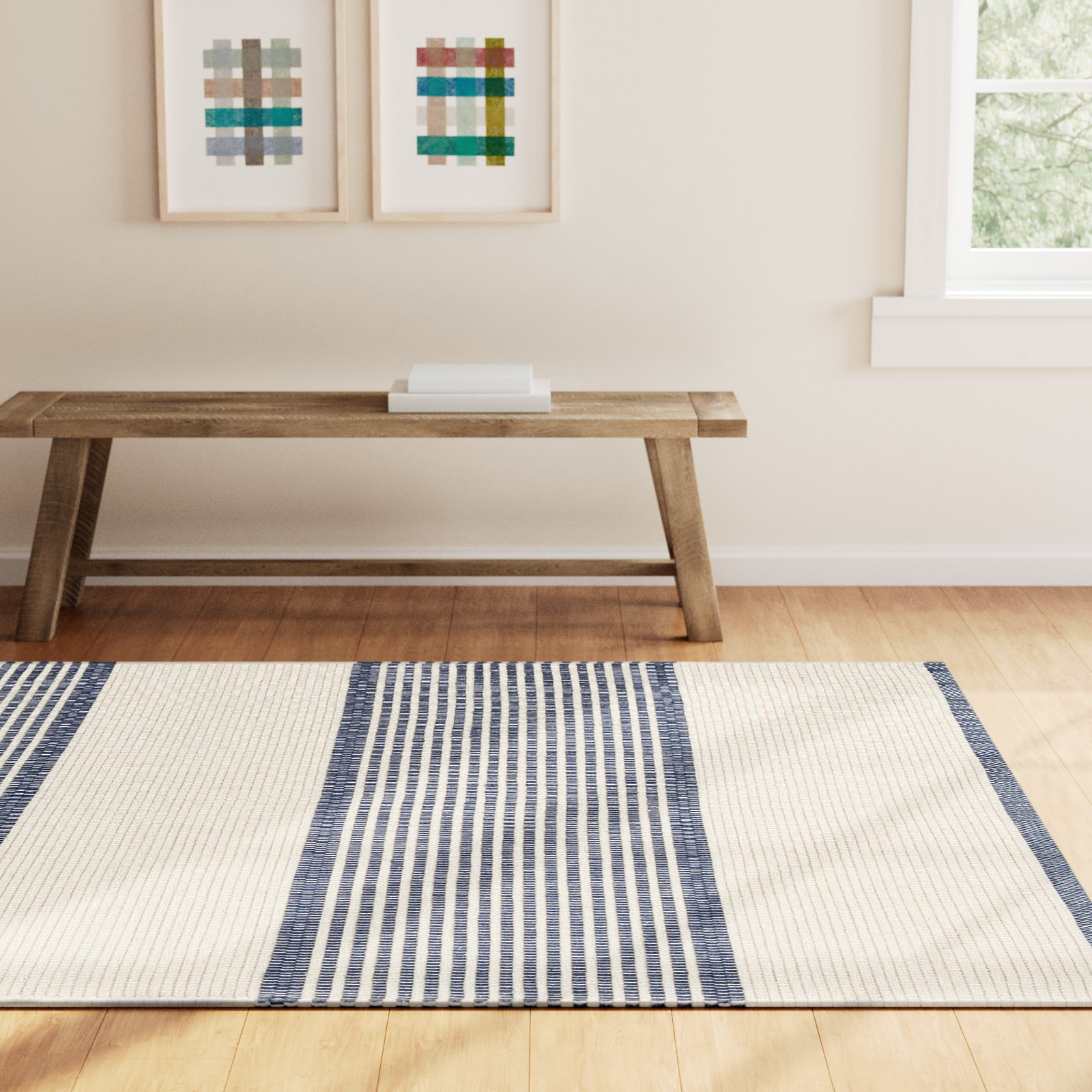 La Mirada Navy Hand-Woven Striped Cotton Rug, Rectangle 6' x 9'