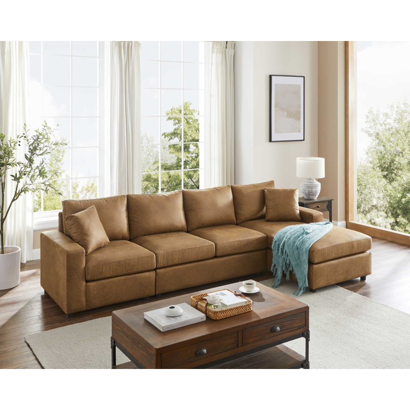 Canapé modulaire en cuir 3 pièces Marquett, Simili-cuir brun rétro, Accoudoir à droite (vu de face)