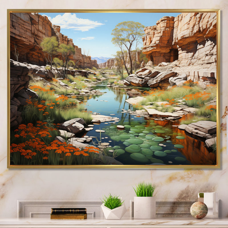 Profondeurs des canyons du canyon beige et vert - Imprimé, H 12 po x l 20 po x P 1 po, Cadre flottant doré