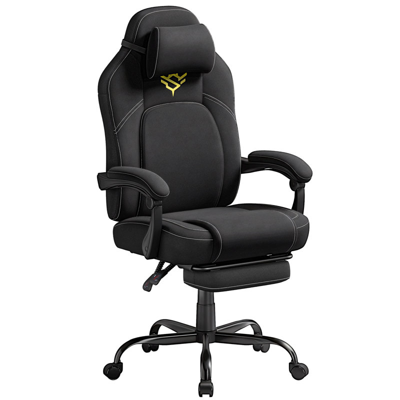 Gaming Chair, Ergonomic Computer Chair With Footrest, Video Game Chair With Headrest, Cotton-Linen Fabric, Adjustable Height, Ink Black