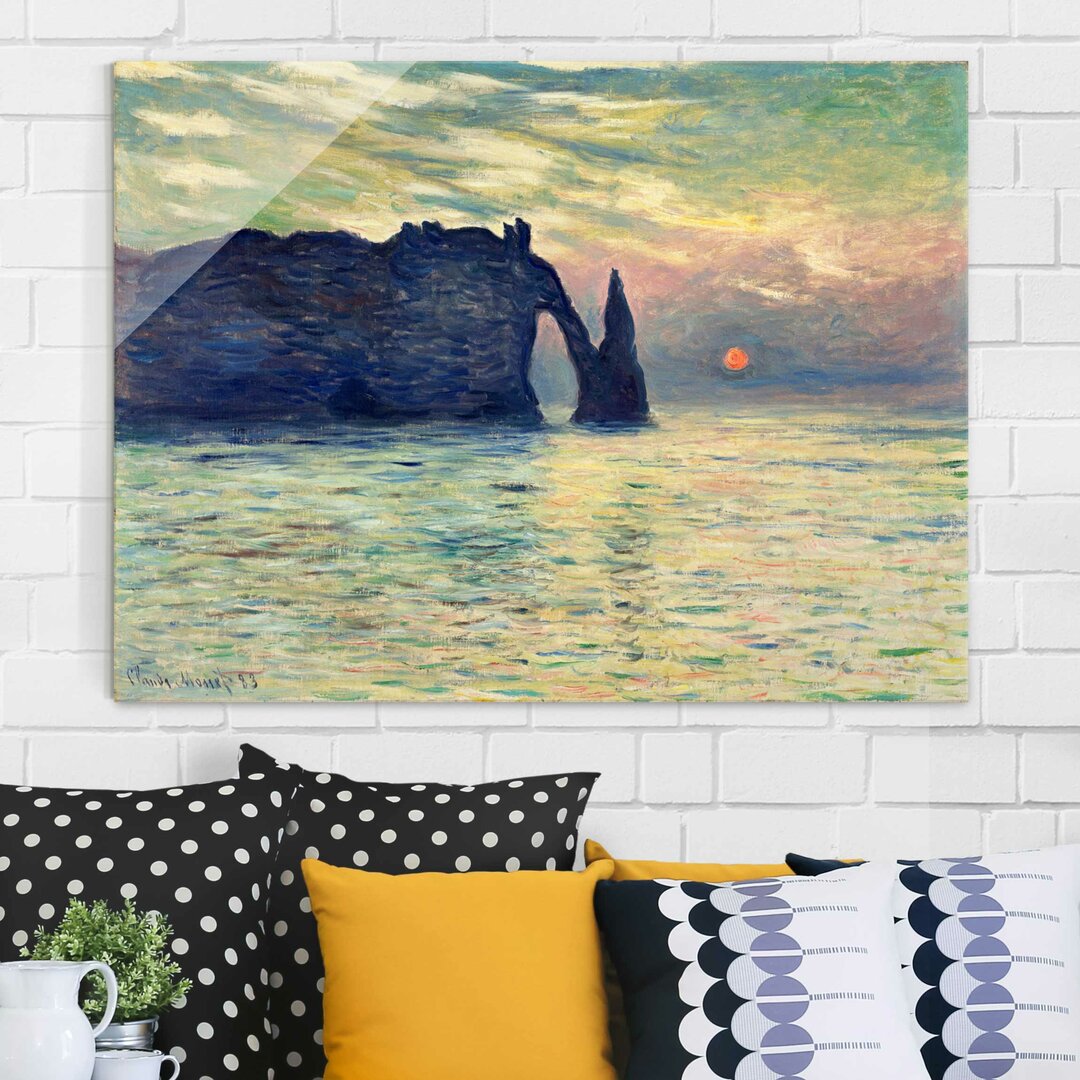 Glasbild Felsen, Étretat, Sonnenuntergang von Claude Monet