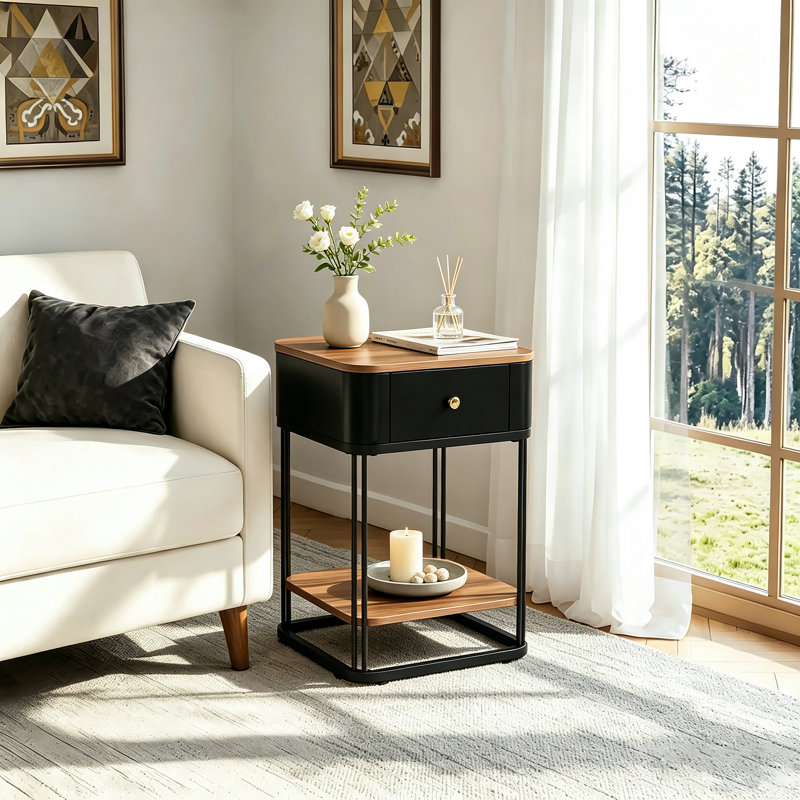 Nightstand Set Of 2 With Rounded Corners, Modern Bedside Table With Drawer And Shelf, Brown