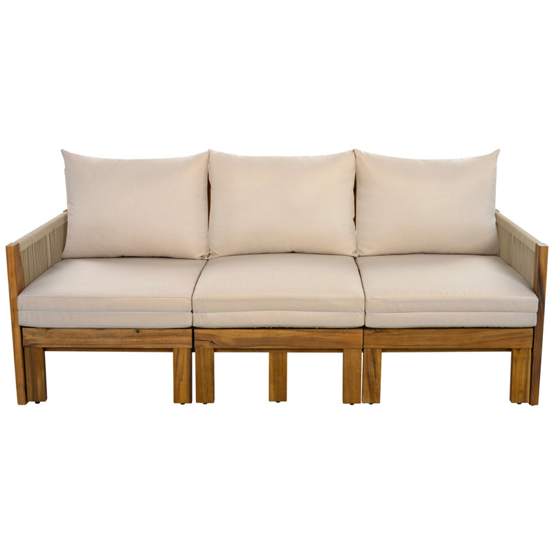 Canapé de patio droit en acacia de 73,2 pouces de large avec coussins, Brown