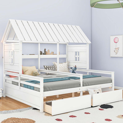 Twin Size House Platform Beds With Two Drawers For Boy And Girl Shared Beds, Combination Of 2 Side By Side Twin Size Beds