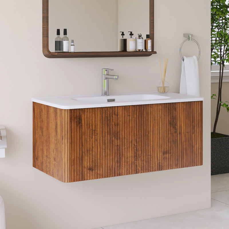 Meuble-lavabo mural simple 36 po avec comptoir intégré en céramique blanche, Brun, 36"