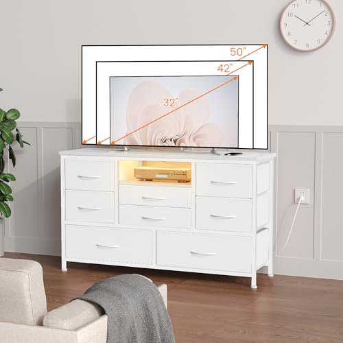 8 Drawer TV Stand for 55" TV, Wood Top Console Table with 22 Light Modes, Wide Storage Chest with Power Outlets for Bedroom, Living Room