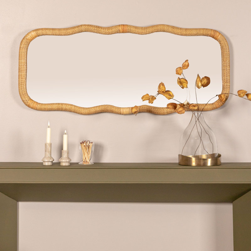 Wavy Rectangle Handwoven Rattan Cane Wall Mirror