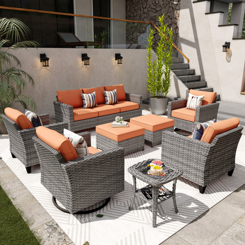 GRS Premium All-Weather Wicker 9 - Person Patio Conversation Set with Cushions, No, Orange