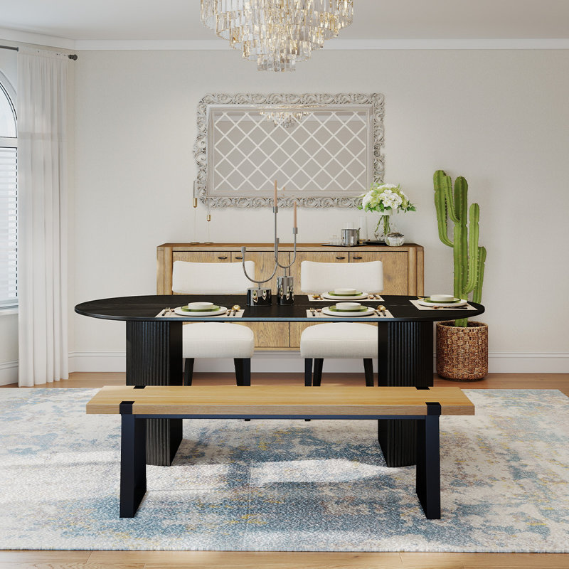 Ensemble de table de salle à manger 4 pièces en bois massif rustique avec chaise et banc, 4 pièces: table, banc, 2 chaises