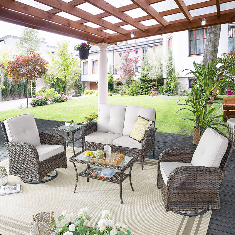 Rattan Wicker Seating Group with Cushions, Beige
