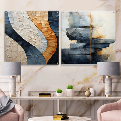 Blue Spiritual Stone Minimalism Painting - Stone Geode Acrylic Wall Art Glass Set Of 2