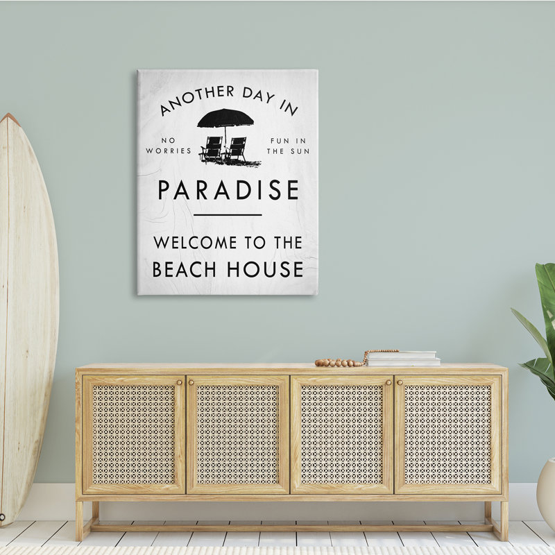 «L'autre jour au paradis», signe de la maison de plage, parapluie encadré blanc, art texturé par Daphne Polselli